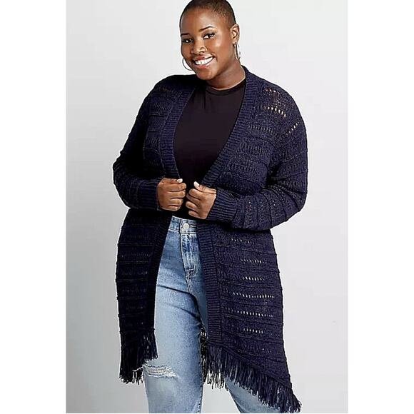 Lane Bryant Boho Cardigan Womens Plus Size 22/24 Navy Open Knit Long Fringed - Picture 1 of 9